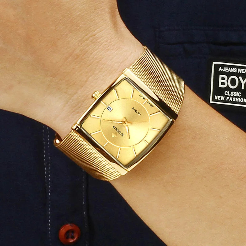 WWOOR Luxury Gold Watch Men Square Japan Quartz Slim Steel Mesh