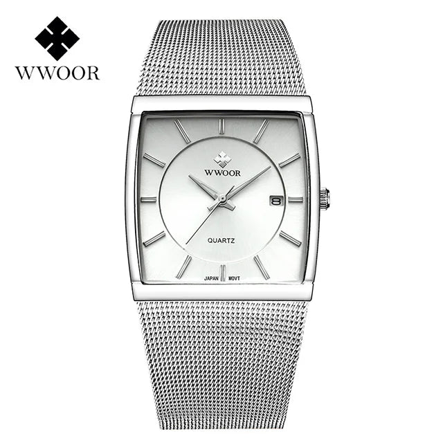 WWOOR Luxury Gold Watch Men Square Japan Quartz Slim Steel Mesh