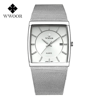 WWOOR Luxury Gold Watch Men Square Japan Quartz Slim Steel Mesh