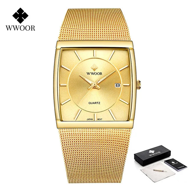 WWOOR Luxury Gold Watch Men Square Japan Quartz Slim Steel Mesh