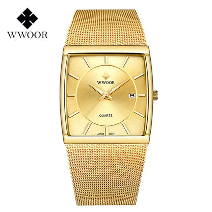 WWOOR Luxury Gold Watch Men Square Japan Quartz Slim Steel Mesh