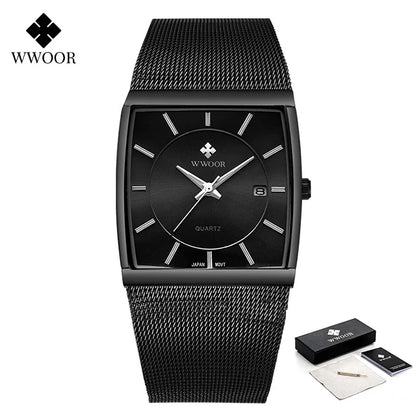 WWOOR Luxury Gold Watch Men Square Japan Quartz Slim Steel Mesh