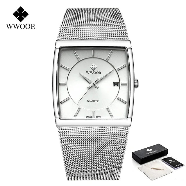 WWOOR Luxury Gold Watch Men Square Japan Quartz Slim Steel Mesh