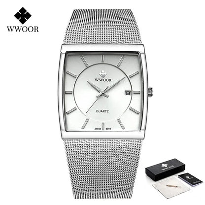 WWOOR Luxury Gold Watch Men Square Japan Quartz Slim Steel Mesh