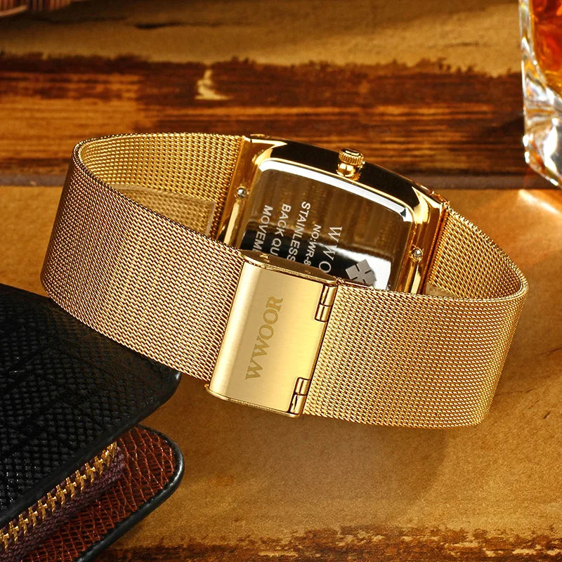 WWOOR Luxury Gold Watch Men Square Japan Quartz Slim Steel Mesh