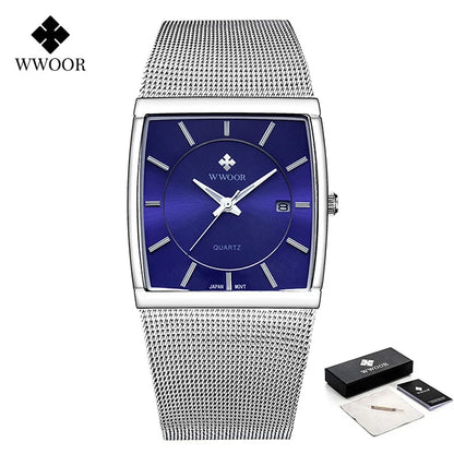 WWOOR Luxury Gold Watch Men Square Japan Quartz Slim Steel Mesh