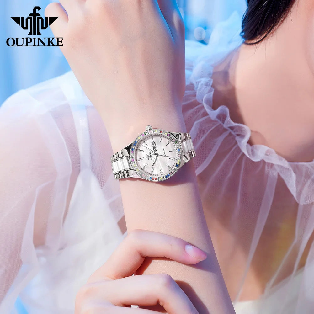 OUPINKE 3283 Women's Watch Luxury Dual Calendar Automatic Watch For Women Waterproof Mechanical Wristwatch Ceramic Steel Strap