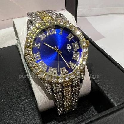 Personalized Hip Hop Watch with Shiny Rhinestones for Men, Luxury Clock, Band Length, Iced Steel Belt, 40mm Diameter Glass Dial