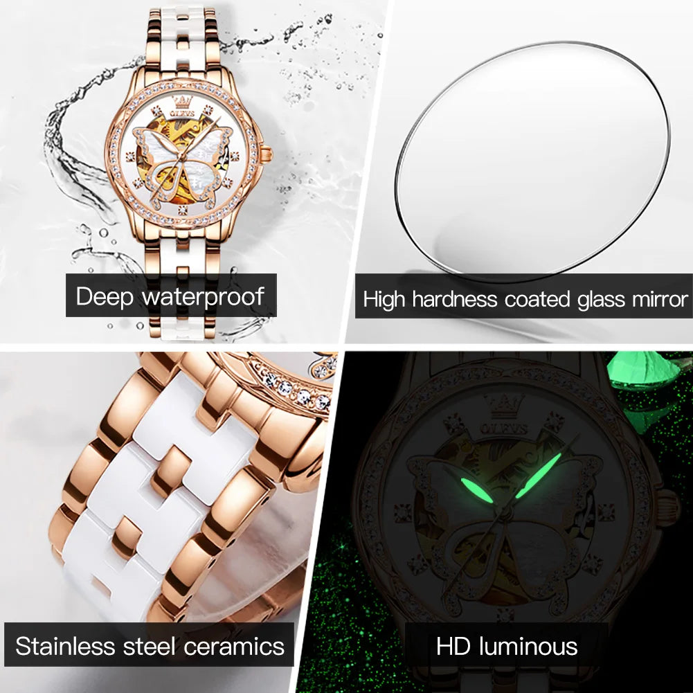 OLEVS 6622 Women's Watch Butterfly Dial Luxury Waterproof Mechanical Watch For Women Automatic Wristwatch
