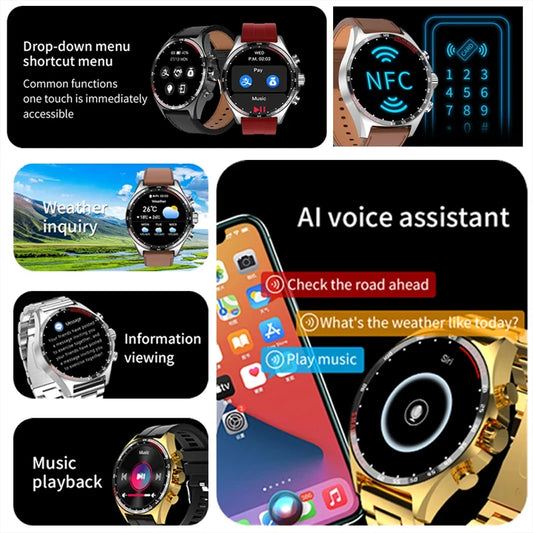 Silver Gold Stainless Steel Color Smart Watch 1.58 Inch Bt Call Nfc Wireless Charging Smartwatch