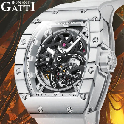 BONEST GATTI Men Automatic Movement Mechanical Watch Carbon Fiber Bezel Tonneau Luminous Case Fluororubber Strap Watches For Men