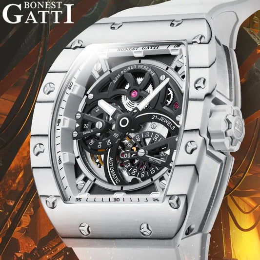 BONEST GATTI Men Automatic Movement Mechanical Watch Carbon Fiber Bezel Tonneau Luminous Case Fluororubber Strap Watches For Men
