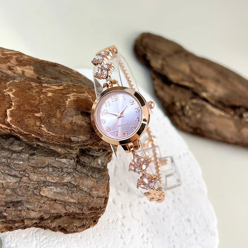 Urban Gear- Round alloy case Arabic numeral classic dial leaf-shaped diamond-encrusted fashionable bracelet elegant ladies quartz watch