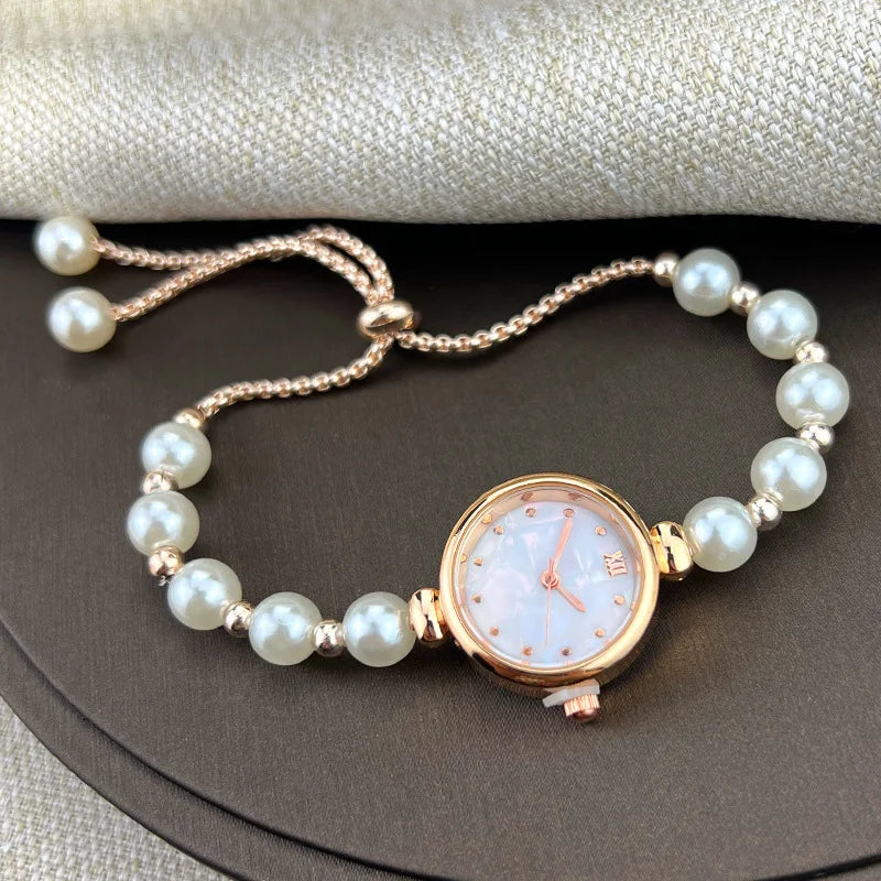 Urban Gear-Elegant Pearl Bracelet Women's Quartz Watch Pull-out Adjustable Strap Watch Luxury Small Dial Ladies Wristwatch Gift