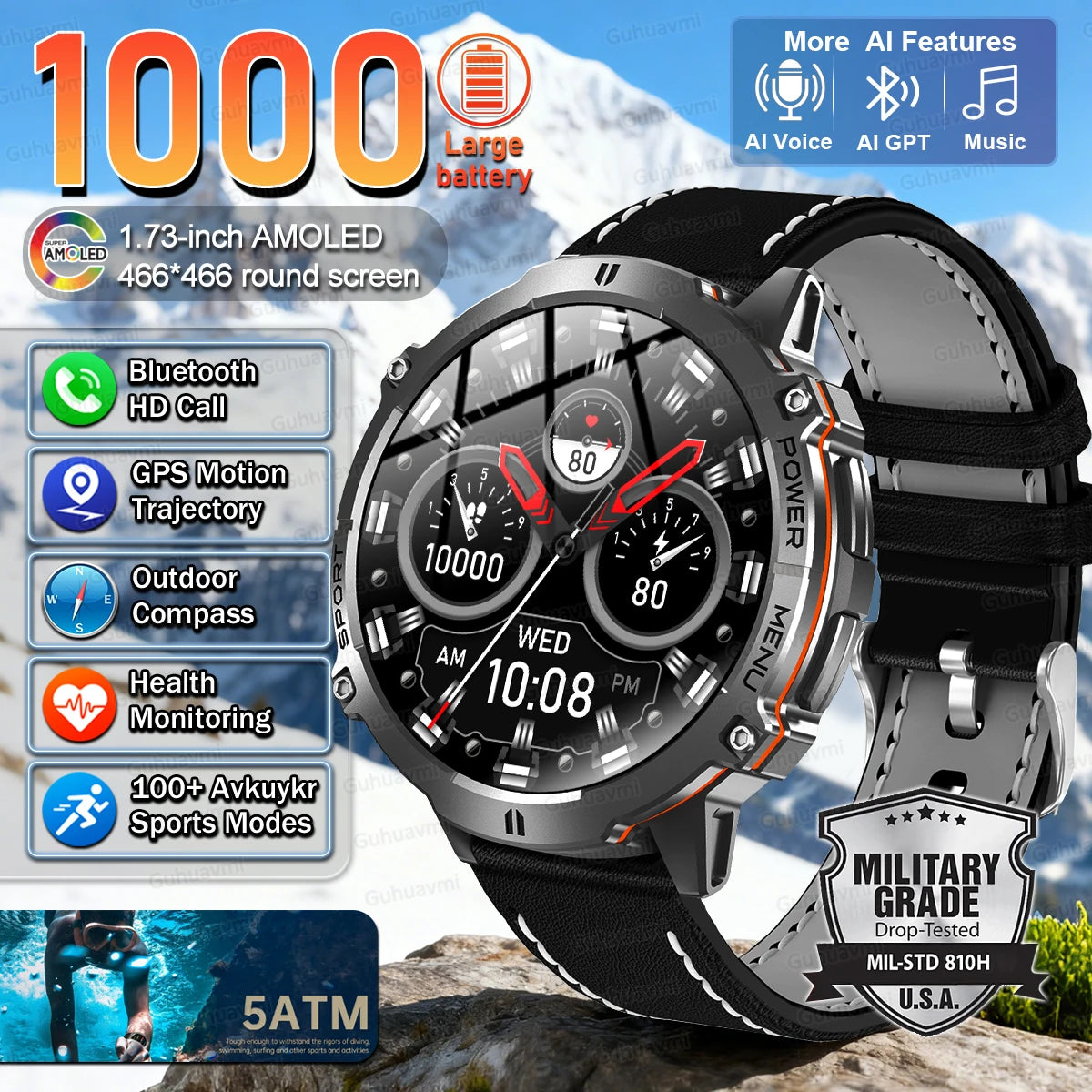 X3 Rugged Outdoor Smartwatch — 1000 mAh