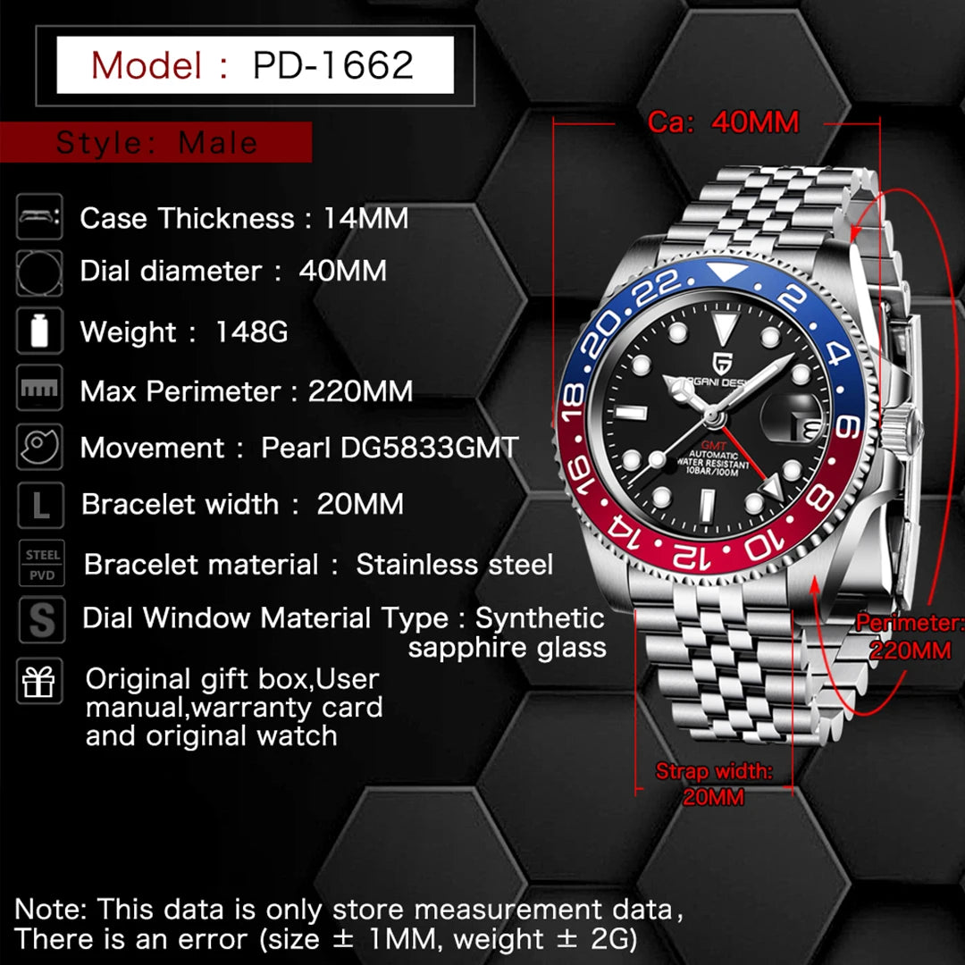 2024 New PAGANI DESIGN Luxury Men Mechanical Watches Stainless Steel GMT Watch Top Brand Sapphire Glass