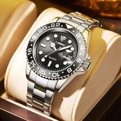 Luxury Men Fashion Watch Silver Stainless Steel Band Waterproof Casual Calendar Quartz Watch Green Business Wristwatch