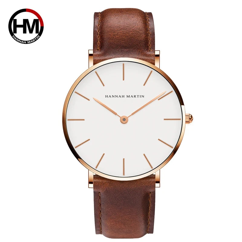HANNAH MARTIN Men's Leather Watch Original Quartz Movement Business Sports 40mm TK Fashion Watch for Men
