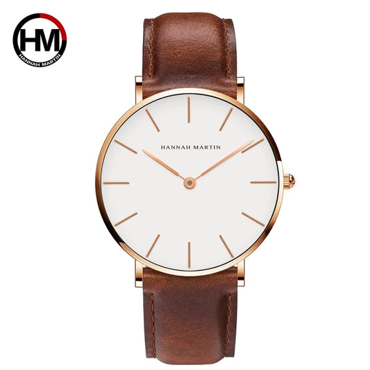 HANNAH MARTIN Men's Leather Watch Original Quartz Movement Business Sports 40mm TK Fashion Watch for Men