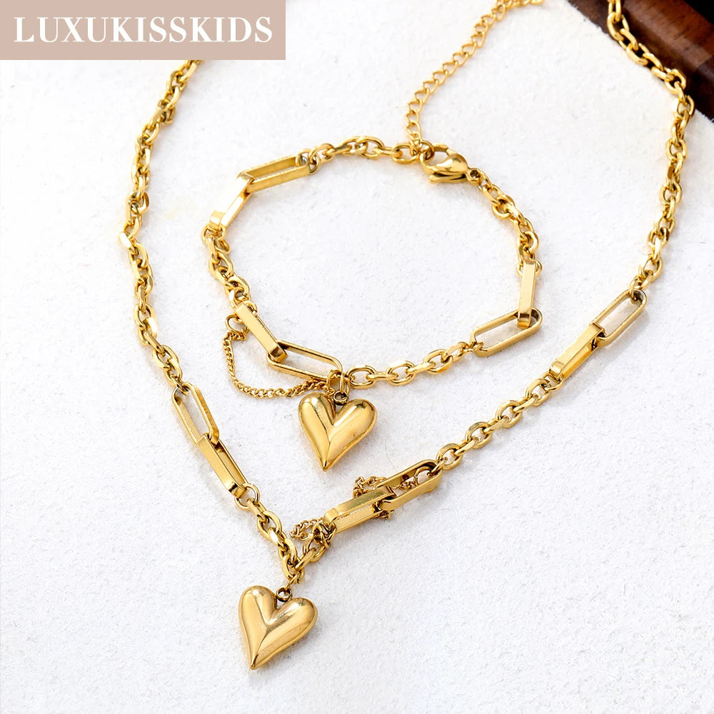 LUXUKISSKIDS Fashion Cubic Love Heart Necklace Earrings Bracelets Stainless Steel Minimalist Jewelry Set Women/Girls Accesories
