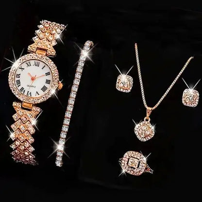 Fashion Luxury Full Crystal 5 Pcs Watch  Necklace Earrings  Ring  Set for Women Rhinestone  Wristwatch Female Bracelet Set Gift