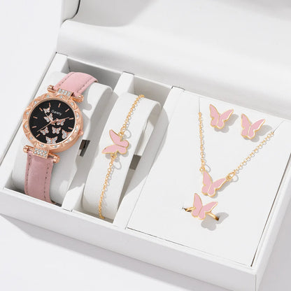 6PCS/Set Simple Element Dial Quartz Women's Watch Latex Strap Butterfly Necklace Bracelet Earrings Ring Jewelry Set Girls Gift
