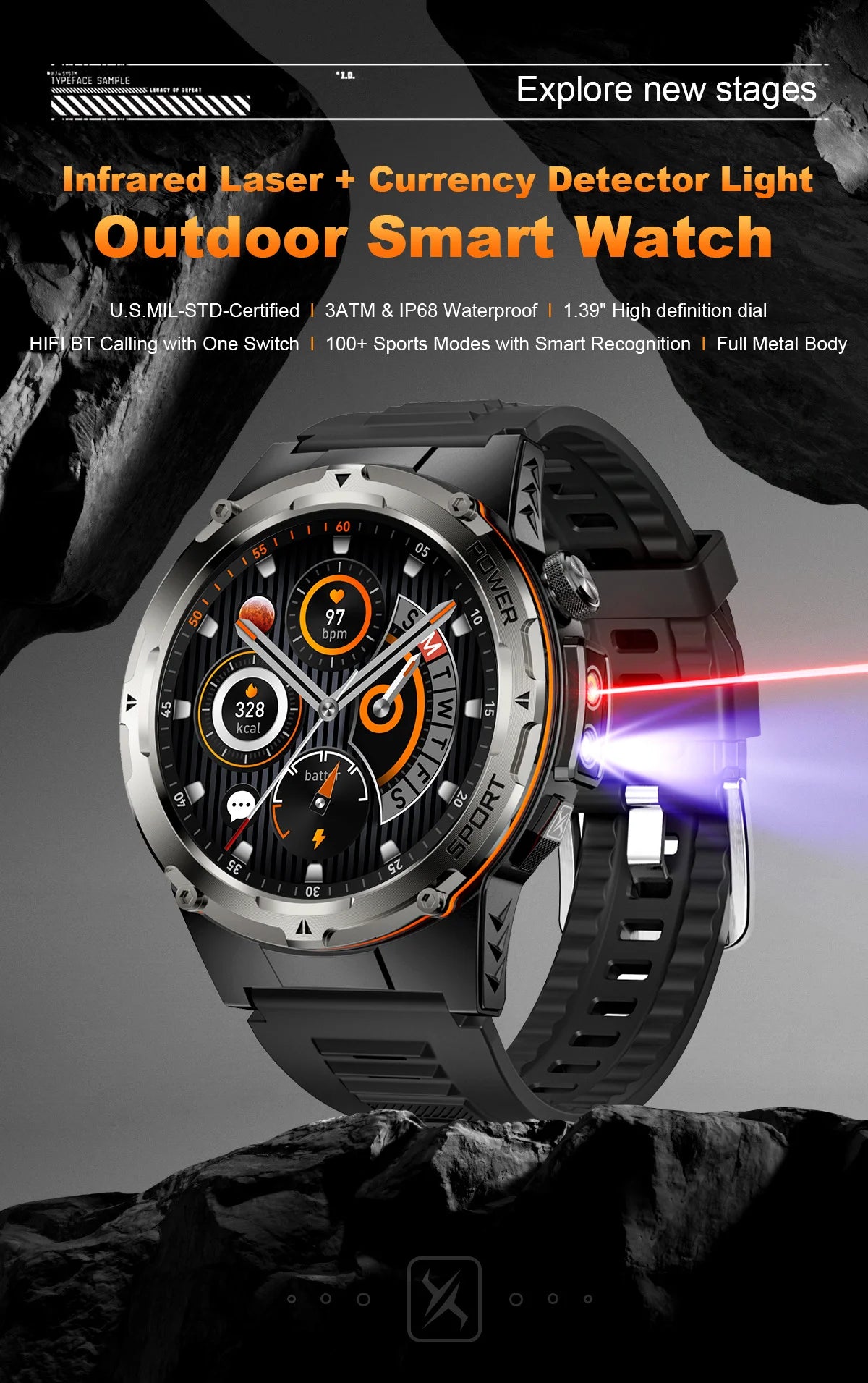 2025 New T-Rex 3 GPS Track Smart Watch Men 3ATM Waterproof UV Infrared 1.39-inch NFC Bluetooth Call Heart Rate Sport Smart Watch