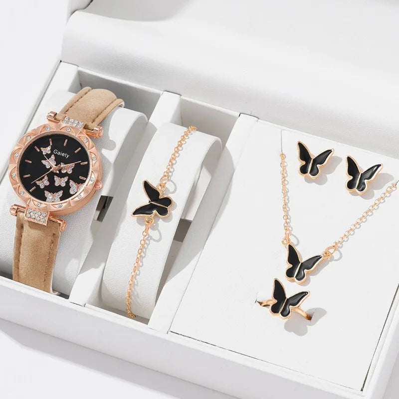 6pcs Luxury Watches Women's Ring Necklace Earrings Bracelet Set Watch Butterfly Leather strap Women's Quartz Watch No case