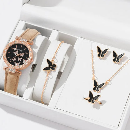 6pcs Luxury Watches Women's Ring Necklace Earrings Bracelet Set Watch Butterfly Leather strap Women's Quartz Watch No case