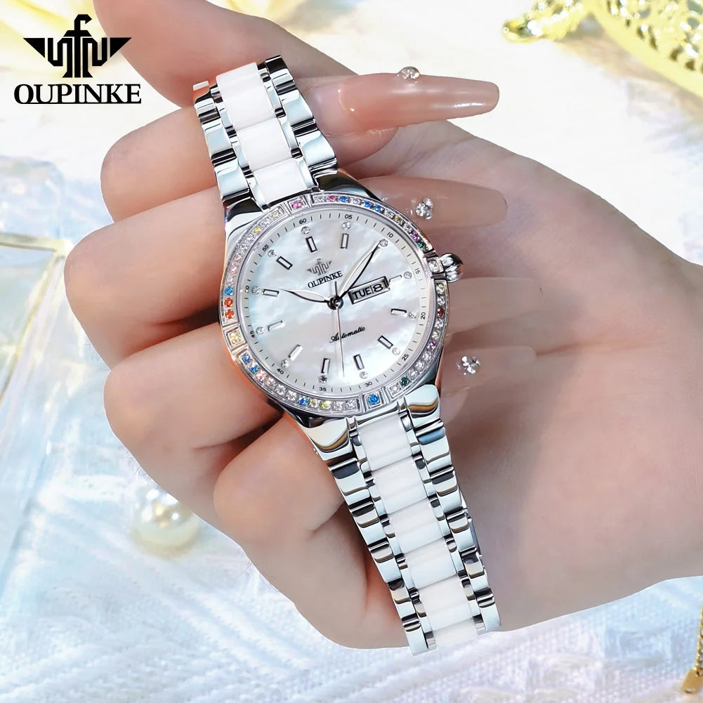 OUPINKE 3283 Women's Watch Luxury Dual Calendar Automatic Watch For Women Waterproof Mechanical Wristwatch Ceramic Steel Strap