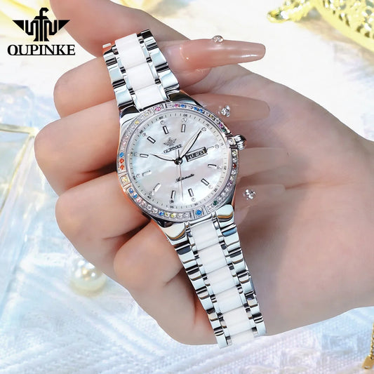 OUPINKE 3283 Women's Watch Luxury Dual Calendar Automatic Watch For Women Waterproof Mechanical Wristwatch Ceramic Steel Strap
