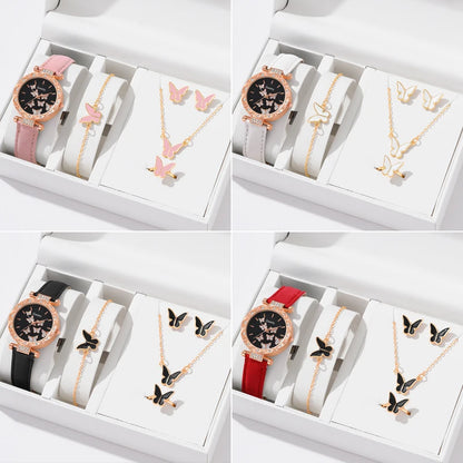 6PCS/Set Simple Element Dial Quartz Women's Watch Latex Strap Butterfly Necklace Bracelet Earrings Ring Jewelry Set Girls Gift