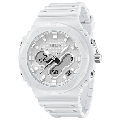 SMAEL Sports Watches 50M Waterproof Dual Time Display Couples Watches Men 8120 White Watches Digital Electronic Wristwatches LED