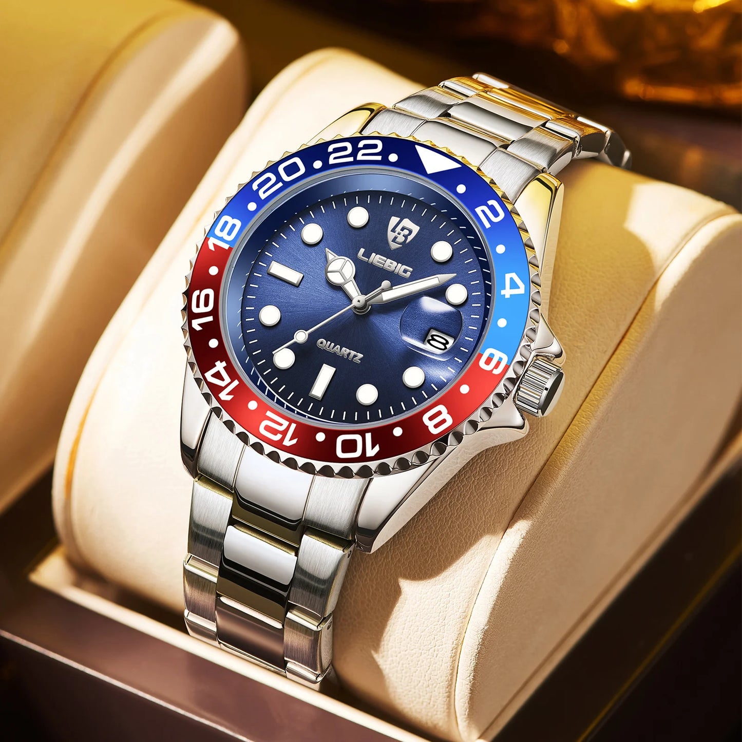 Luxury Men Fashion Watch Silver Stainless Steel Band Waterproof Casual Calendar Quartz Watch Green Business Wristwatch