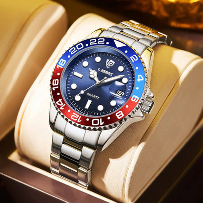 Luxury Men Fashion Watch Silver Stainless Steel Band Waterproof Casual Calendar Quartz Watch Green Business Wristwatch