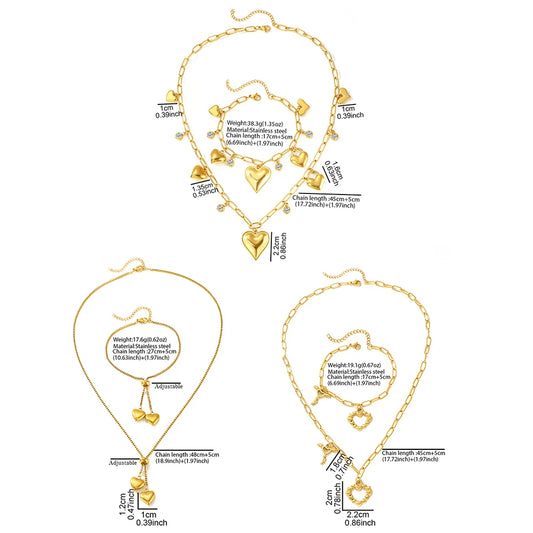 DOTIFI Stainless Steel Heart Bracelet Necklace Set Exquisite Heart Pendant Bohemian Bracelet Necklace Gift Women Fashion Jewelry