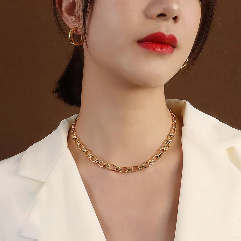 GANEMLY 316L Stainless Steel Metal Chain Necklace Bracelet Set For Women New Trendy Waterproof 18K Gold Plated Jewelry Lady Gift