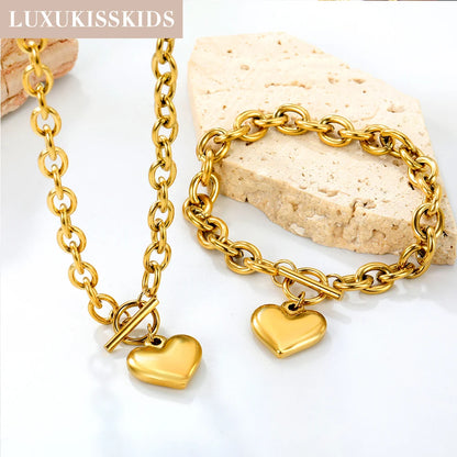LUXUKISSKIDS Fashion Cubic Love Heart Necklace Earrings Bracelets Stainless Steel Minimalist Jewelry Set Women/Girls Accesories
