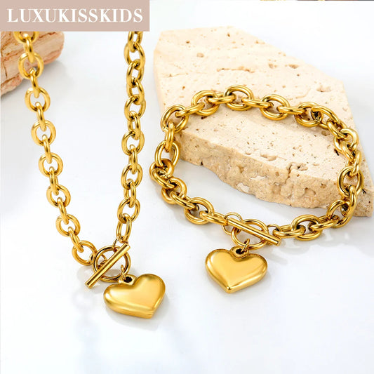 LUXUKISSKIDS Fashion Cubic Love Heart Necklace Earrings Bracelets Stainless Steel Minimalist Jewelry Set Women/Girls Accesories