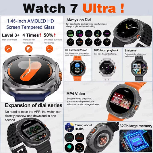 2025 New Watch 7 Ultra Smart Watch Men 32GB Memory Video GPS NFC 47mm AMOLED Fitness