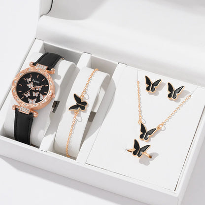 6PCS/Set Simple Element Dial Quartz Women's Watch Latex Strap Butterfly Necklace Bracelet Earrings Ring Jewelry Set Girls Gift