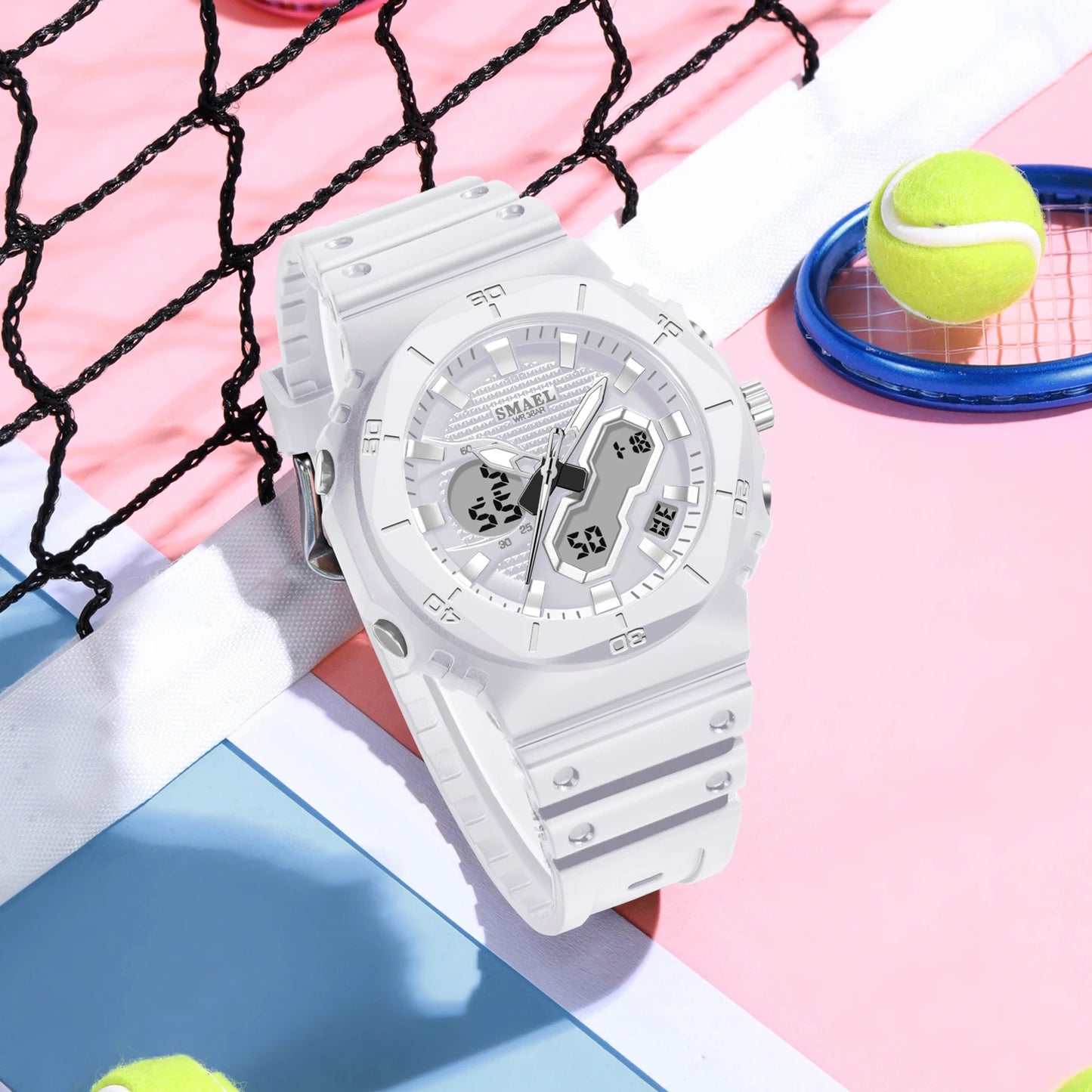 SMAEL Sports Watches 50M Waterproof Dual Time Display Couples Watches Men 8120 White Watches Digital Electronic Wristwatches LED