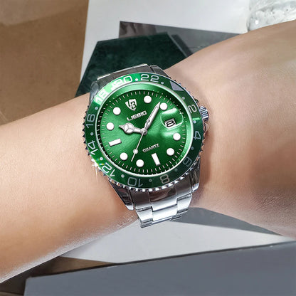 Luxury Men Fashion Watch Silver Stainless Steel Band Waterproof Casual Calendar Quartz Watch Green Business Wristwatch