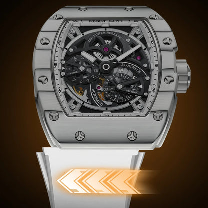 BONEST GATTI Men Automatic Movement Mechanical Watch Carbon Fiber Bezel Tonneau Luminous Case Fluororubber Strap Watches For Men