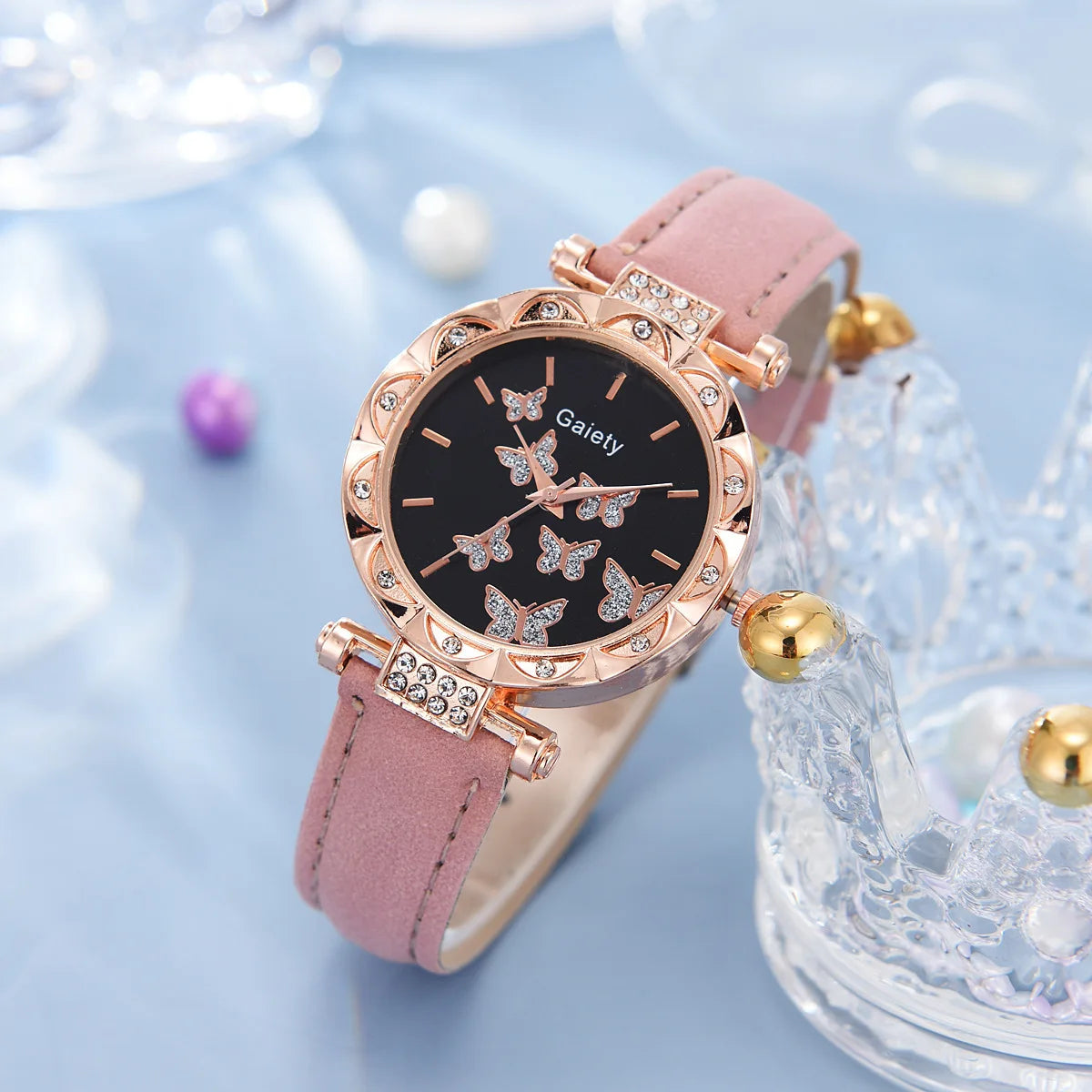 6PCS/Set Simple Element Dial Quartz Women's Watch Latex Strap Butterfly Necklace Bracelet Earrings Ring Jewelry Set Girls Gift