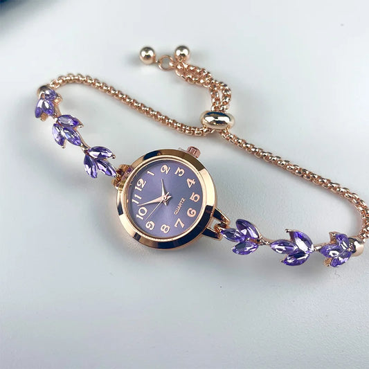 Urban Gear- Round alloy case Arabic numeral classic dial leaf-shaped diamond-encrusted fashionable bracelet elegant ladies quartz watch