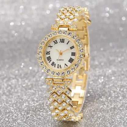 Fashion Luxury Full Crystal 5 Pcs Watch  Necklace Earrings  Ring  Set for Women Rhinestone  Wristwatch Female Bracelet Set Gift