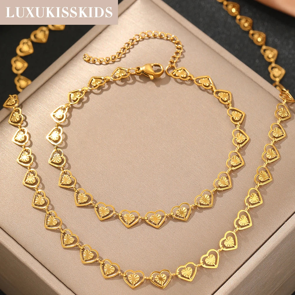 LUXUKISSKIDS Fashion Cubic Love Heart Necklace Earrings Bracelets Stainless Steel Minimalist Jewelry Set Women/Girls Accesories