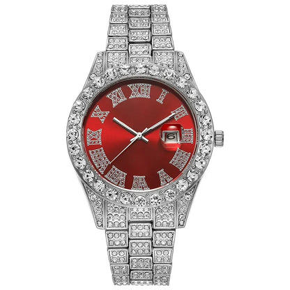 Personalized Hip Hop Watch with Shiny Rhinestones for Men, Luxury Clock, Band Length, Iced Steel Belt, 40mm Diameter Glass Dial