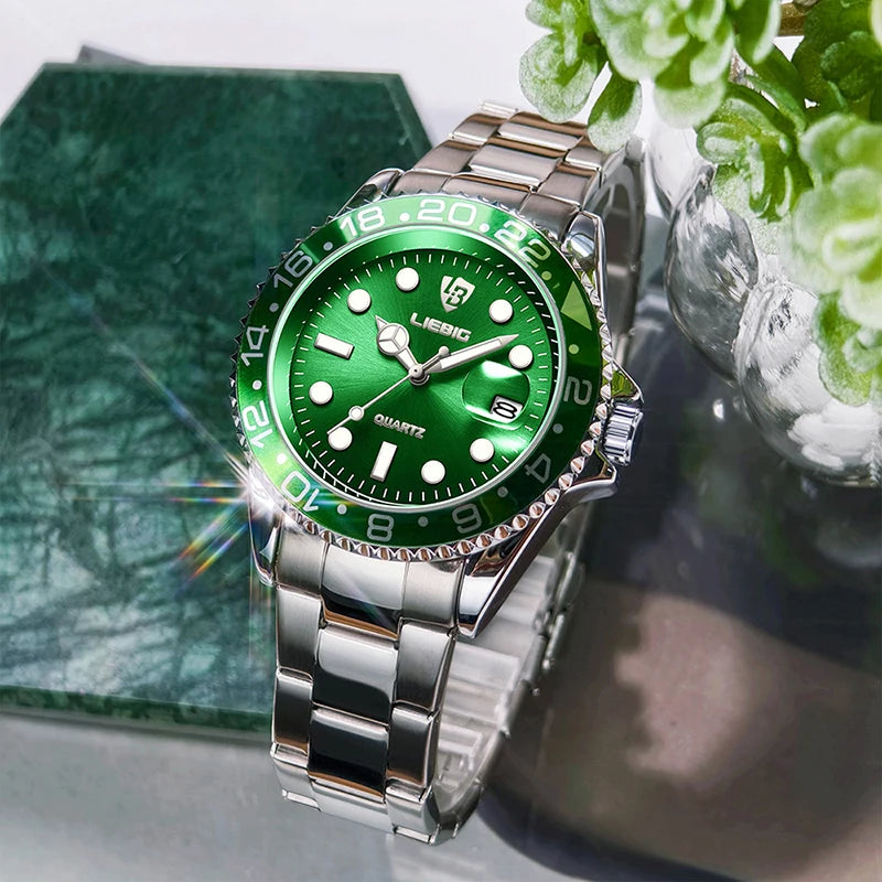 Luxury Men Fashion Watch Silver Stainless Steel Band Waterproof Casual Calendar Quartz Watch Green Business Wristwatch